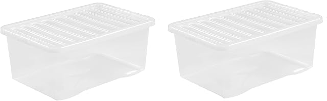 2 x 45L Plastic Storage Boxes Crystal Clear Box & Lid Suitable for all around the Home Office and Workplace Stackable Nestable Large Strong Boxes  60 x 40 x 25 cm