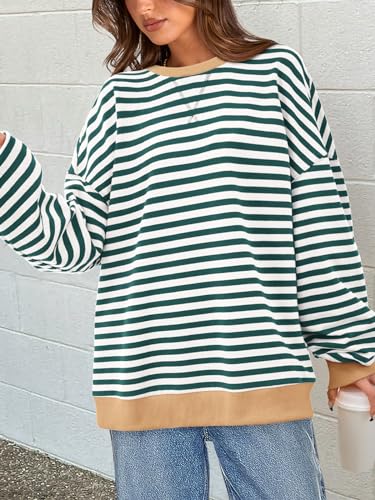 Image of PRETTYGARDEN Womens Striped Oversized Sweatshirt Color Block Crew Neck Long Sleeve Casual Loose Pullover Top Y2K Clothes
