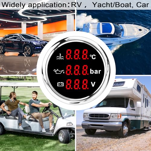 Geloo 52 mm 3-in-1 Voltmeter + Wassertemperatur Temperaturanzeige + Öldruckanzeige, Wasserdichter Edelstahl Stressrahmen, Ölkraftstoff Füllstandsanzeige mit Alarm für Auto, Boot, Marine, Yacht 9-32V