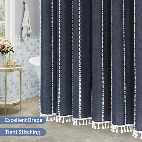 Boho Farmhouse Tassel Linen Shower Curtain,3D Embroidery Stripe Navy,72x84 by MitoVilla - Used condition - Image 6