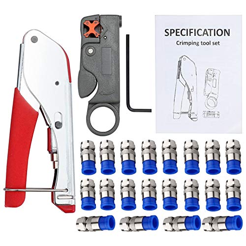 Rpuomtz Coax Cable Crimper, Coaxial Compression Tool Kit Wire Stripper with 20pcs-Blue F RG6 RG59 Connectors