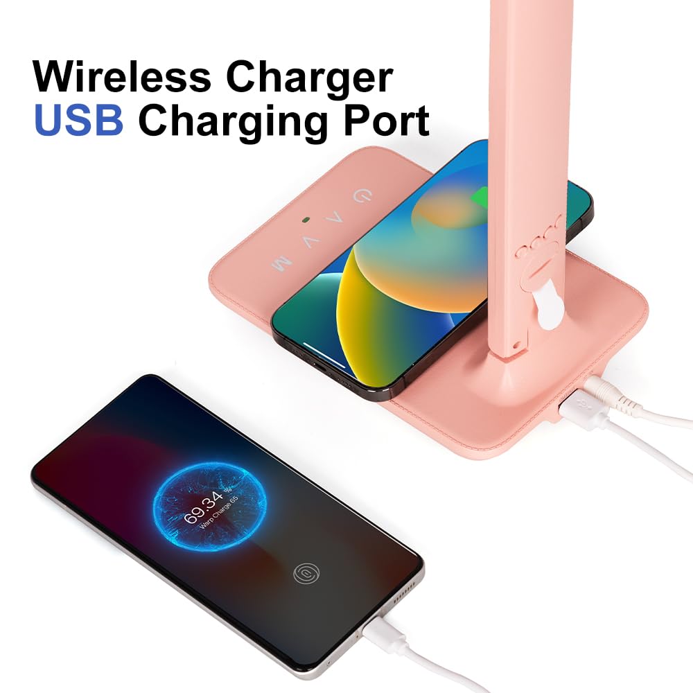 LED Desk Lamp, Desk Lamp with Wireless Charger, Table Lamp with Clock, USB Charging Port, Phone Holder - Image 2