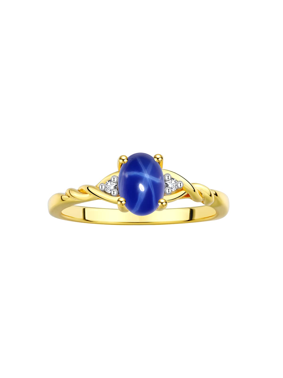 Rylos Rings for Women 14K Gold Plated Silver Classic Style Birthstone Ring 7X5MM Oval Gemstone & Diamonds Blue Star Sapphire Jewelry for Women Size 7