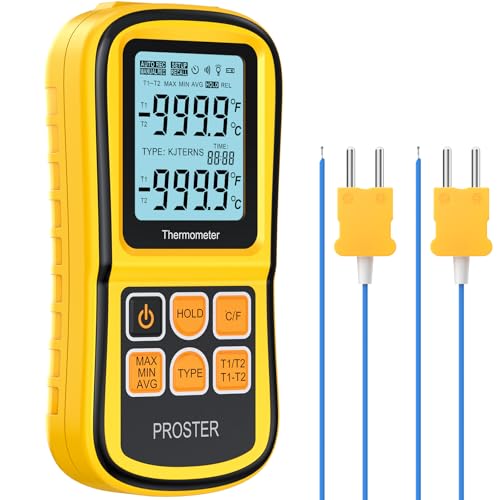 Proster -200~1372˚C Termometro Digitale a Doppio Canale con Due Termocoppie di Tipo K LCD Retroilluminato Rilevamento Differenza Temperatura Batterie Incluse per Termocoppia K/J/T/E/R/S/N-Giallo