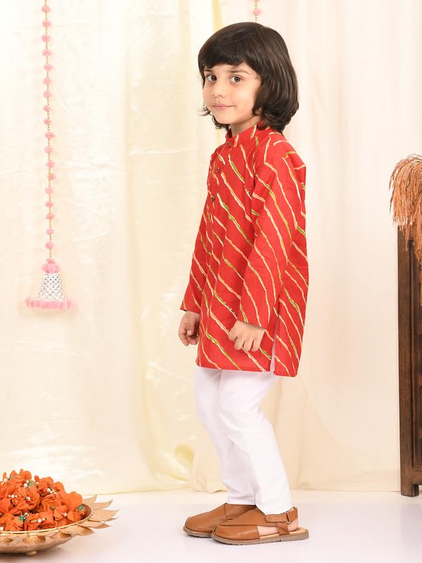 Image of superminis Cotton Boys Sanganeri Lehariya Printed Kurta Set with White Pyjama Elastic Closure