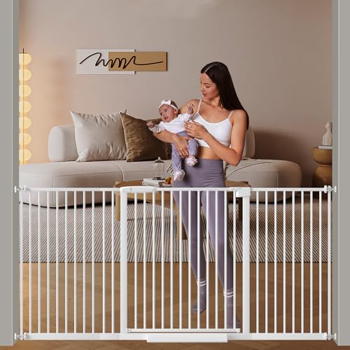 Image of DEARBB Extra Wide Baby Gate Ultra Narrow Spacing 30.11-77.36 inch Pressure Mounted Double Lock Swing Auto Close Walk Through Metal Safety Pet Gate for Stairs and House Doorway Kitchen