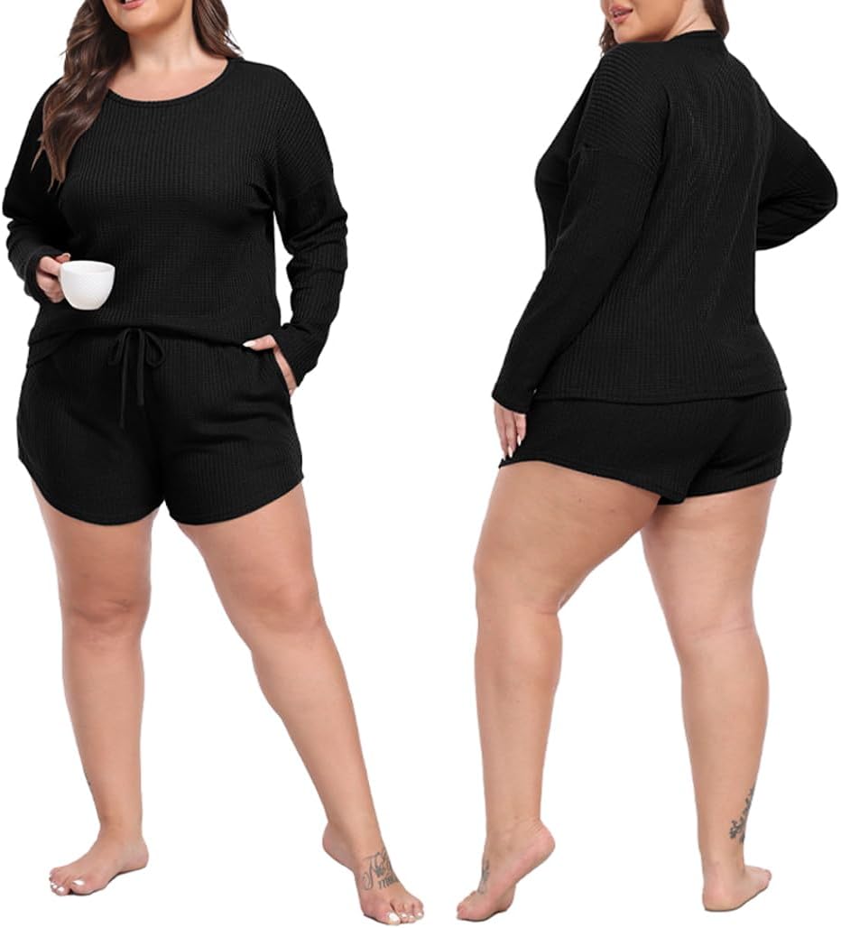 PrinStory Pajamas Set for Women Waffle Knit Lounge Set 2 Piece Outfits Loungewear Sweatsuit with Pockets - Image 3