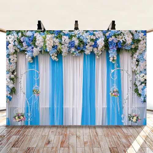 MIRRORANG 3x2,5m Wedding Backdrop White and Blue Flowers Curtain Floral Background for Photography Baby Shower Decoration Banner Bridal Shower Supplies Wedding Banner - Image 4