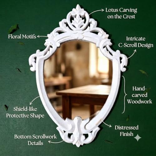 Image of Maharani Mirror Frame for Living Room Bedroon Bathroom (Maharani Mirror Frame) & Jharokha Style Mirror Frame (Size18x12inch). (White Antique)