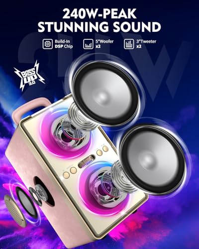 Image of YIER Bluetooth Speaker, 240W Peak Loud Party Speaker with Big Bass, 20H Playtime, TWS, BT5.3, Large Portable Wireless Boom Box with LED Light for Outdoor Backyard Beach Home (Leather Pink)