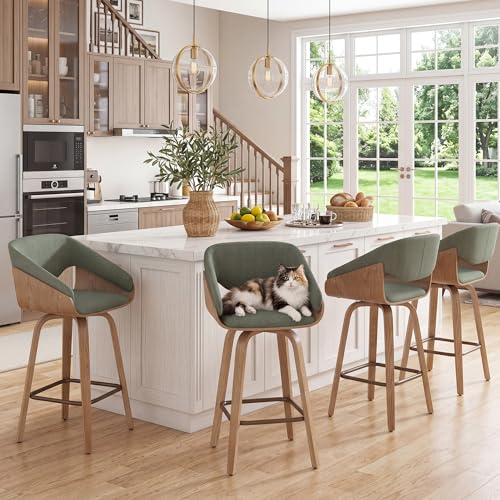 Image of HNY 26'' Modern Barrel Swivel Counter Stools Counter Height Swivel Bar Stools with Backs Set of 2, Green Linen Bar Height stools, Square Footrest, Farmhouse Solid Wood Barstools for Kitchen Island