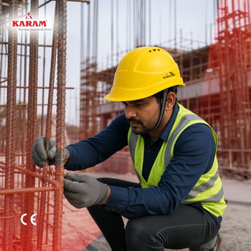 Image of KARAM PN542 Safety Helmet for Men Industrial| Ratchet Type Adjustment with Adjustable Chin Strap | Ventilation & Side Slot for Attachment | EN Certified Hard Hat | Lemon Yellow (Pack of 3)