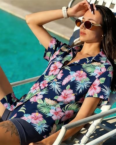 Image of Women Hawaiian Shirt Button Down Summer Tops Beach Short Sleeve Blouse