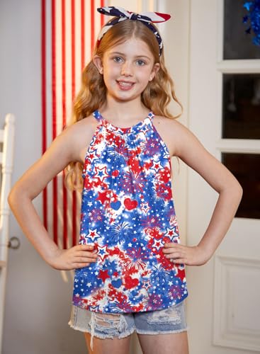 Image of BesserBay Girls Summer Back Button Halter Neck Tank Top Cold Shoulder Casual Blouse Pleated Sleeveless Shirts 5-14 Years