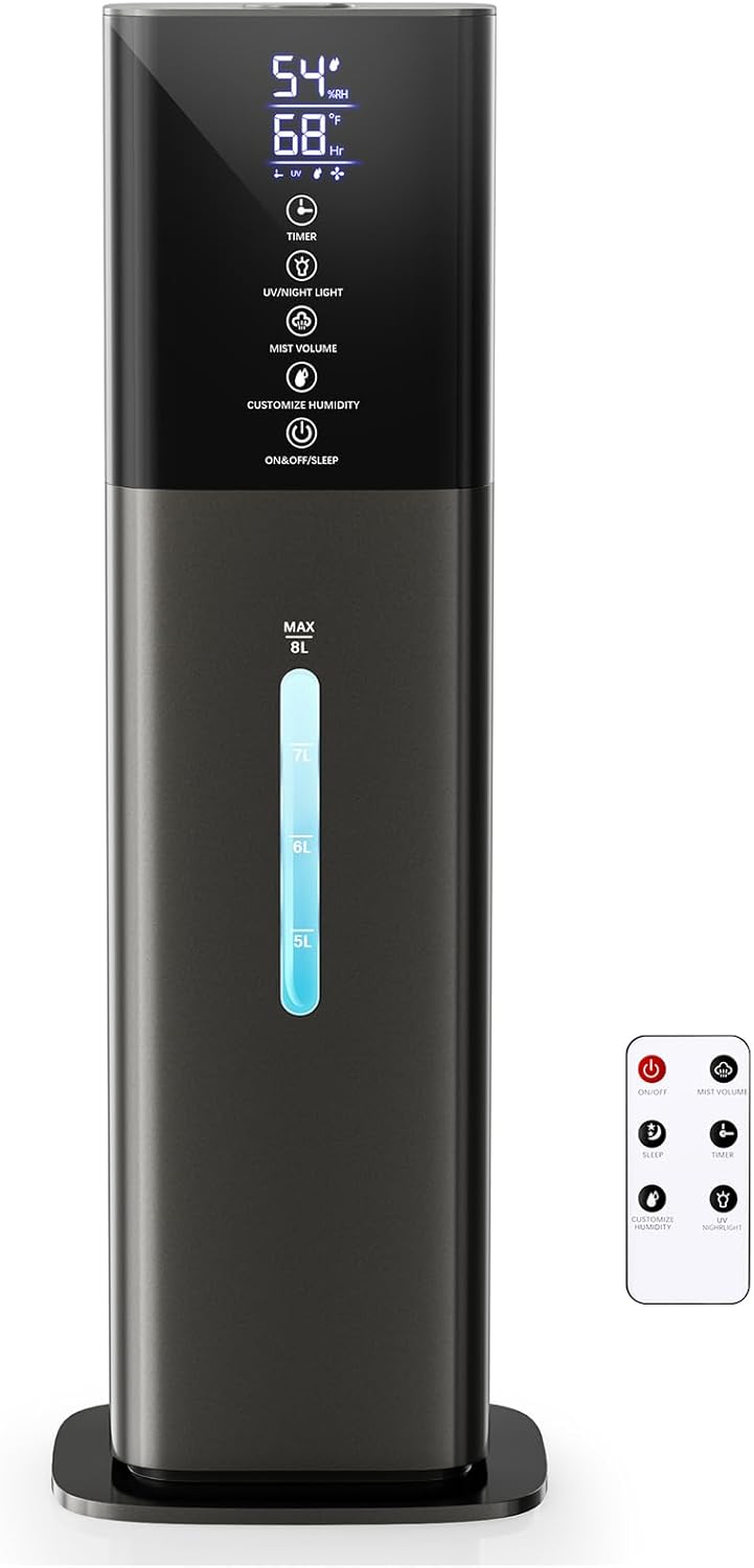 Humidifiers Large Room Bedroom with 7 Colors Light, 2.1Gal(8L) 3 Speed Quiet Ultrasonic Cool Mist Humidifier with 360° Nozzle, Humidity Setting, Timer,Aroma Box for Home Plant Baby Yoga Sleep (Gray)