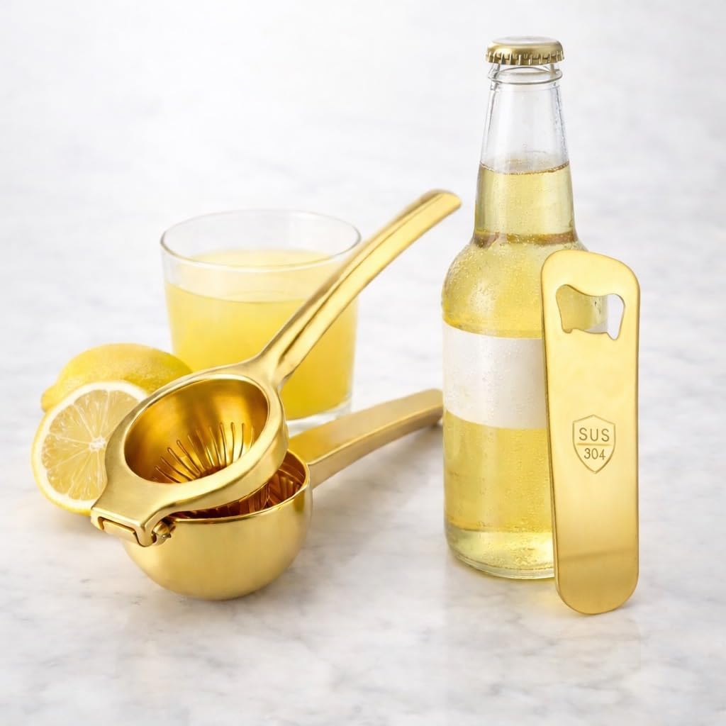 Gold Lemon Squeezer 304 Stainless Steel Manual Heavy Duty Citrus Press for Limes & Lemons, Ergonomic PVD Handle With Matching Bottle Opener, Kitchen Gift Set