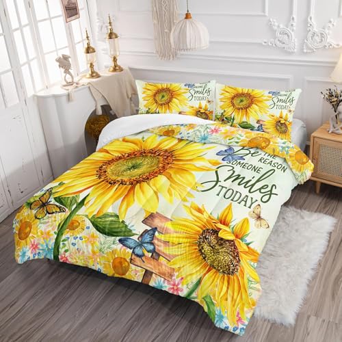 Image of AILONEN Sunflower Comforter Set Queen Size, Garden Floral Bedding Set, Yellow Butterfly Duvet Set 3 Pieces - 1 Quilt and 2 Pillowcases