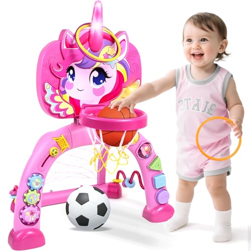 Image of Marstone Toys for 1 Year Old Girl Gifts: Toddler Basketball Hoop and Soccer Goal with Sound and Music, Educational Sport Toys for Kids 1-3, 1st First 12-18 Month Birthday Present
