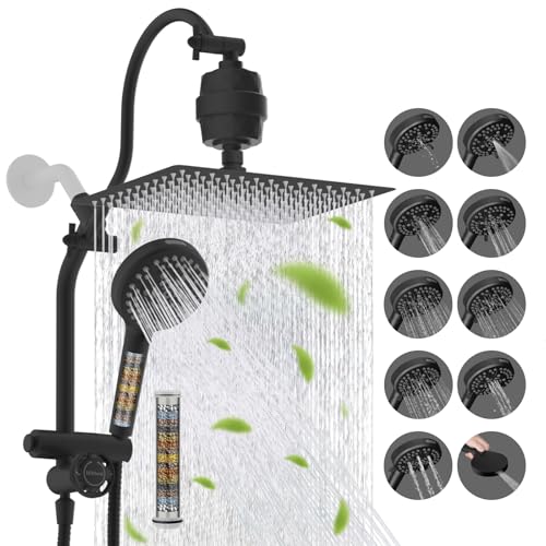 Image of Hibbent 12 inch Dual Filtered 10 inch Rainfall Shower Head with Handheld 10-Spray | High Pressure Metal Matte Black Showerhead Combo with Filter, Extension Arm with 4-way Diverter, 71'' Shower Hose & Holder