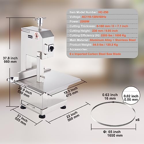 VEVOR Kommerzielle Fleischknochen Sägemaschine 2200 W, 1000 kg/h Knochenschneidemaschine Gefrorene Fleisch Knochen Schneidemaschine, 0-180 mm Einstellbare Dicke Knochensäge 470 x 530 mm Arbeitstisch