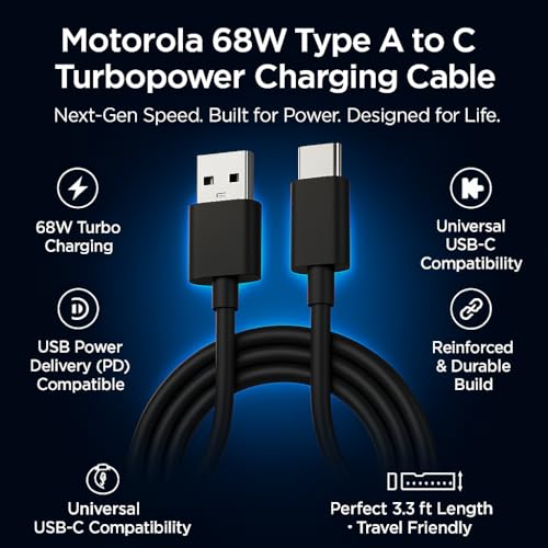 Image of Motorola 68W Type A to C Turbo Charging 1M Cable For Motorola Edge 60 Fusion /60 Pro /50 Fusion /50 Pro /G85 /G45 / Razr 50 Ultra /G84 /G54 /G35 /Edge 40 Neo /Laptop /Tablet Moto Pad 60 Pro-68watt USB C Cord