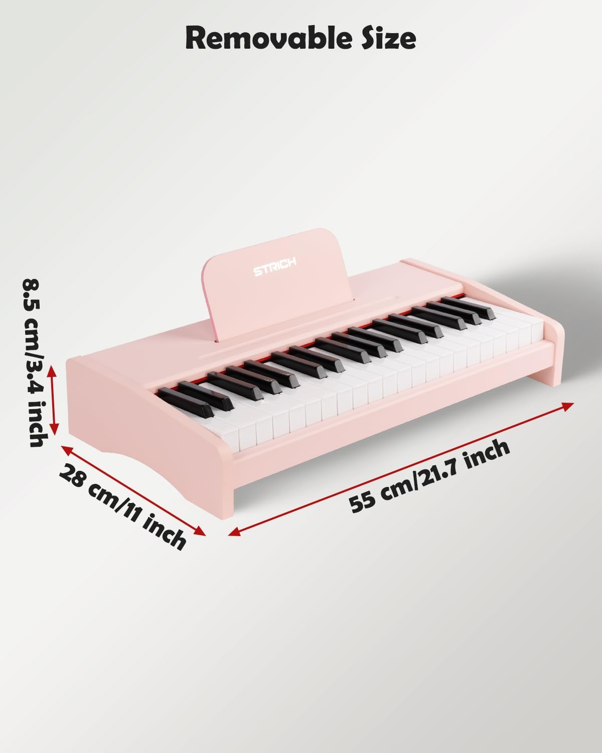 Diagram showing the dimensions of the STRICH 37-Key Mini Digital Piano Keyboard.