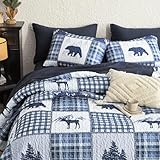 Wake In Cloud - Rustic Quilt Set, Cabin Lodge Christmas Bear Moose Deer Woodland Western Patchwork Country, Reversible Lightweight Bedspread Coverlet, 3 Pieces, Navy Blue, Queen/Full Size