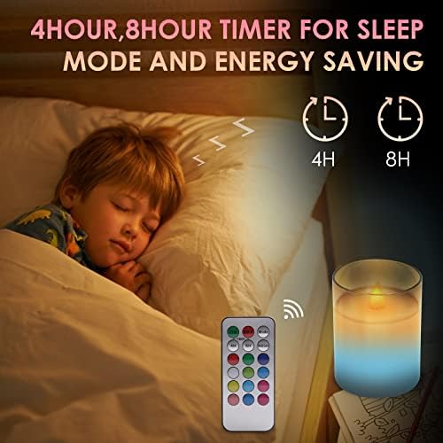 LED Amber Glass Real Wax Candle Lights, 3 Pack Warm White Plus Multicolor Flameless Battery Operated Electric LED Moving Wick Flickering Candle Lights with Remote Control Timer for Decoration, Wedding