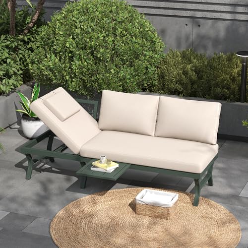 Kuczn Juego de muebles de jardín de 3 plazas, sofá de exterior, respaldo ajustable hasta 55°, función reclinable con reposacabezas, estante para mesa colgante, tubo de acero galvanizado, balcón