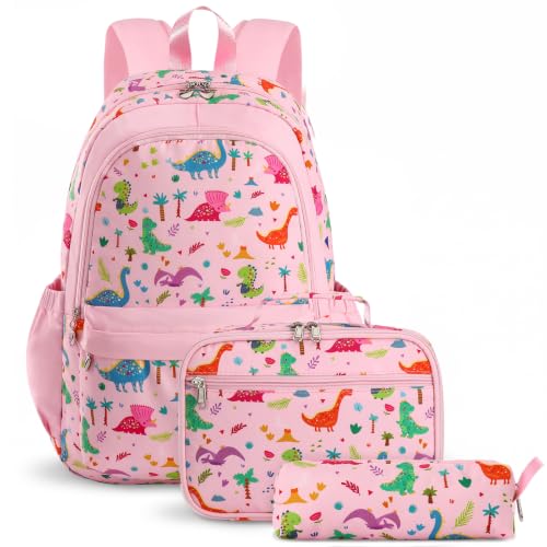 Unineovo Girls Dinosaur Backpack 3-in-1 School Backpack with Lunch Box and Pencil Case for Girls Large Capacity Bookbag for Elementary Primary School