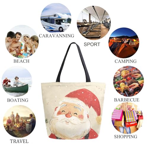 Extra Large Canvas Shoulder Tote Bag, Lovely Cartoon Santa Christmas Durable Daily Womens Handle Bag for Gym Yoga Weekender Picnic Beach Travel Kitchen Reusable Market Grocery Shopping2