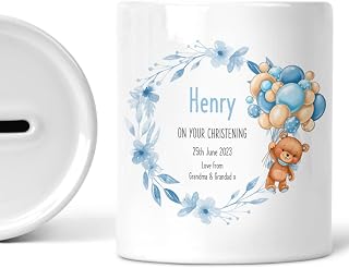 Personalised Money Box, Christening Gift for Boy, Custom Christening Gift, Baptism Gift, Christening Keepsake, Blue Teddy, Piggy Bank, Ceramic Money Bank, Savings Jar