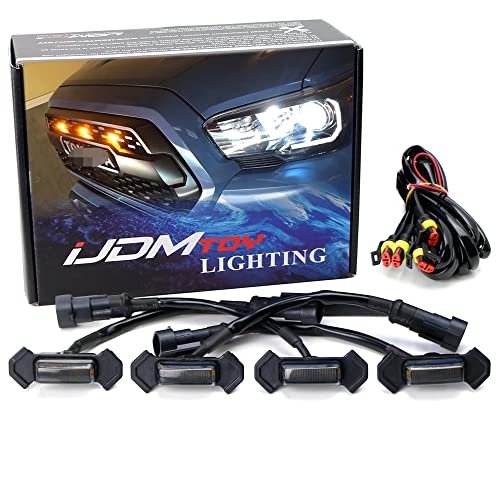 iJDMTOY 4pc Set Smoked Lens Front Grille Lighting Kit Compatible with 2016-2023 Toyota Tacoma w/TRD Pro Grill ONLY, Includes (4) 4-SMD 2500K Amber LED Light Assy & Wiring Harness