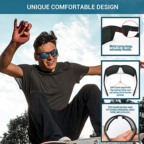 Torege Sports Polarized Sunglasses For Men Women Flexible Frame Cycling Running Driving Fishing Trekking Glasses Tr24 (Matte Black & Purple Blue & Ice Blue Revo Lens) #TOP2