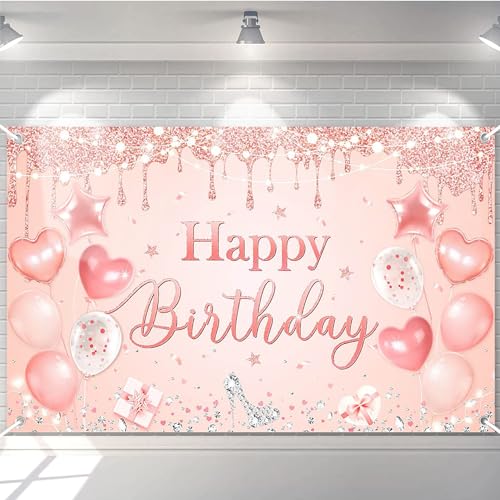 Avezano Happy Birthday Banner for Women and Girls Pink and Rose Gold Happy Birthday Party Decorations Glitter Happy Birthday Backdrop Pink Birthday Party Supplies 70.8 x 43.3 Inch