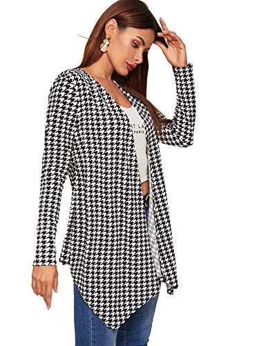 Romwe Women's Elegant Houndstooth Print Long Sleeve High Low Open Front Cardigan Coat Blazer Black And White Small #TOP2