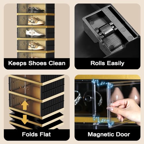 Image of SYNCVIBE Shoe Rack Organizer for Closet Entryway Foldable Sneaker Storage Shoe, Collapsible Shoe Cabinet, Stackable Shoe Storage Cabinet with Lids for Living Room (9 Tiers -18 Pairs Black Gold)
