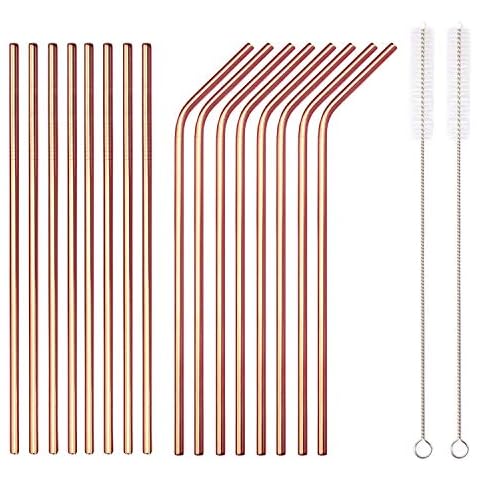 HOMQUEN 18 Piece Copper Stainless Steel Straws, 8.5 '' Reusable Rose Gold Drinking Straws,with Portable pouch (8 Straight/8 Bent/2 Brushes) Cover