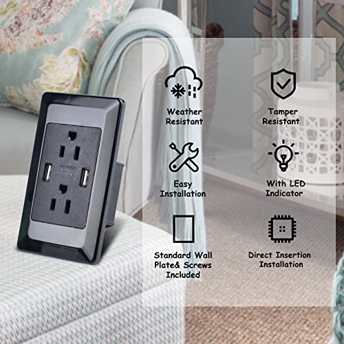 Black Usb Outlets Receptacles,Greencycle 15 Amp 4 In 1 Electrical Outlets With Usb Ports 1 Pack, Usb Charger 2A 5V,Duplex Receptacle 125V Ac,Srewless Usb Wall Outlets With Plates,Etl Certified #TOP4