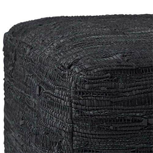 Pemberly Row Contemporary Boho Square Pouf in Black Woven Genuine Leather