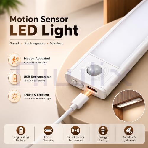 Image of Niwlix 30cm Motion Sensor Under Cabinet LED Light, Rechargeable Ultra-Thin Kitchen Lights Under Cabinet, 3 Colors & Dimmable, 4 Modes, USB-C Wireless, Pantry, Wardrobe, Closet