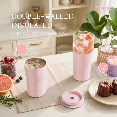 Image of YOME 20oz Light Pink Insulated Glass Tumbler with Lid & Straw for Women Gift | Stainless Steel Iced Coffee Cup | Keep Drinks Cold |Cupholder Friendly |Ideal for Iced Coffee, Smoothies & Boba