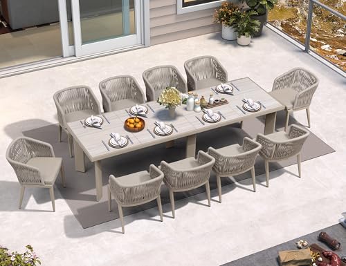 Image of PURPLE LEAF Patio Dining Set for 10 with Sunbrella Cushion Chairs Champagne