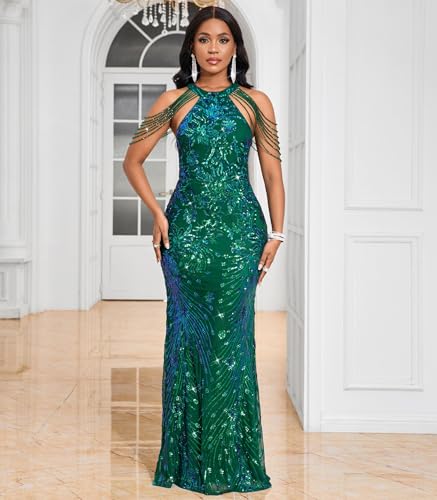 Image of Cololura Women Sexy Elegant Sequin Tassel Off Shoulder Halter Bodycon Maxi Dress Party Evening Gown Formal Dress