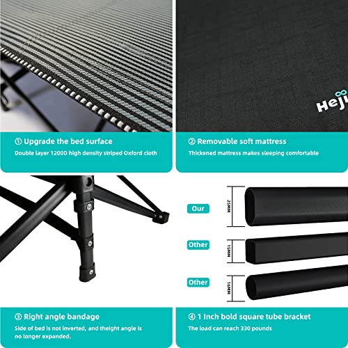 Hejiko Camping Cot For Adults, Folding Cot With Mattress, Sleeping Cot Bed With Carry Bag, Heavy Duty Portabld Cots For Camp Travel Outdoor Home Office 450Lb, Black Set (Cot+Pad) #TOP3