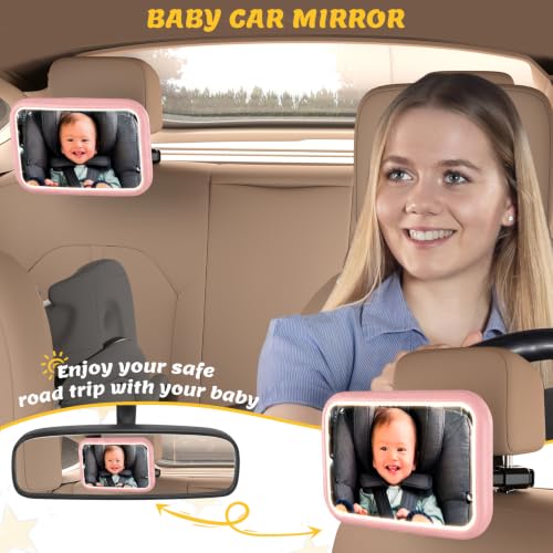 Image of Baby Car Mirror with Light, Pink | 7 RGB Light Rear Facing Car Seat Mirror for Baby with Remote Control Rechargeable 360 Rotation Hook Clip Design Wide View