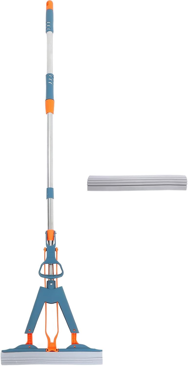 MAGICLULU Dual Use Sponge Mop for Floor Cleaning 34cm Foldable Household Wet and Dry Mop with Detachable Double Sponge Heads Blue for Tile and Laminate Floors