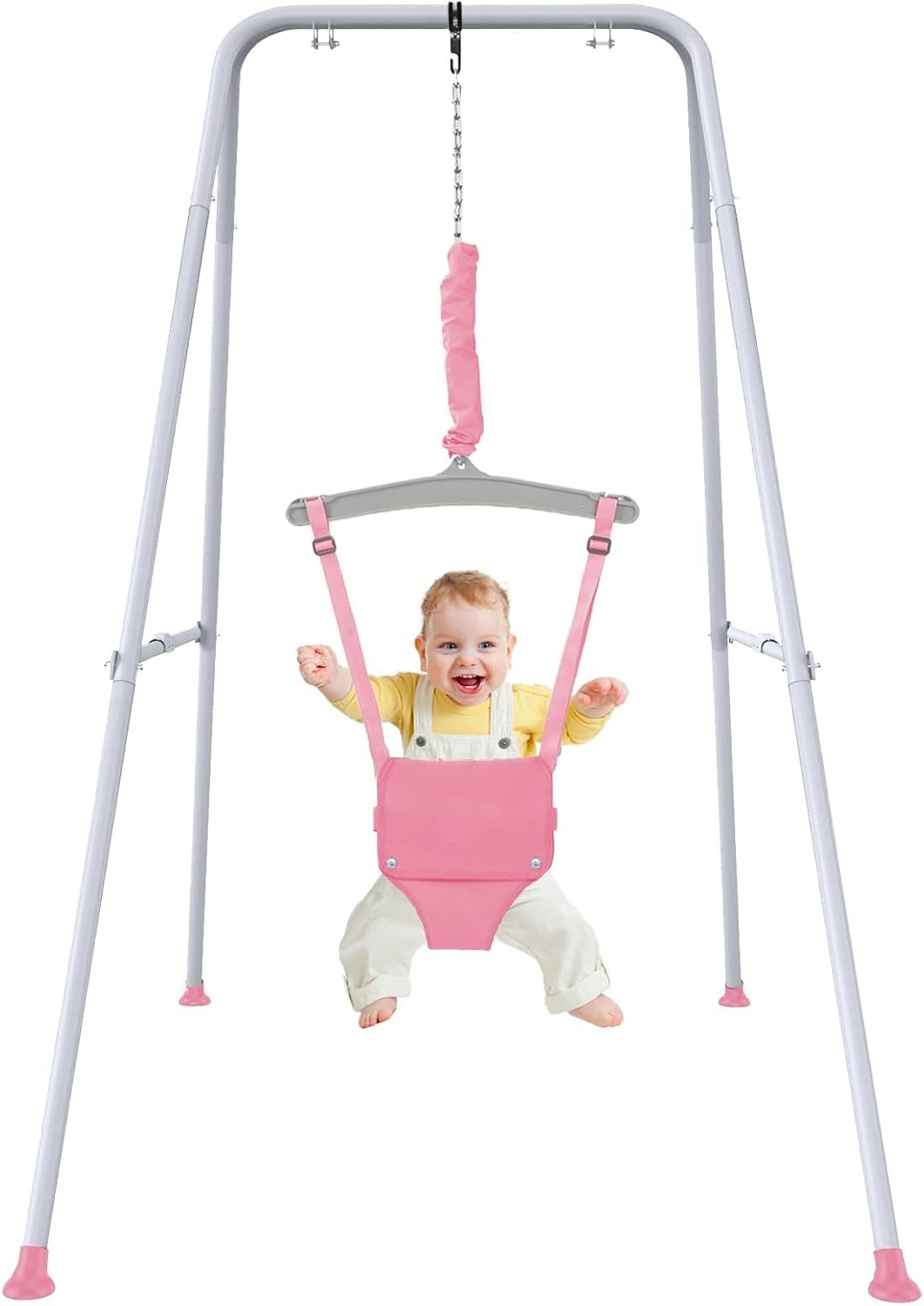 Baby Jumper with Stand, Toddler Swing Set forIndoor/Outdoor Play, Jumper for Baby 6-24 Months,Baby Jumpers and Bouncers with Adjustable Chain,Easy to Assemble & Store(Pink)
