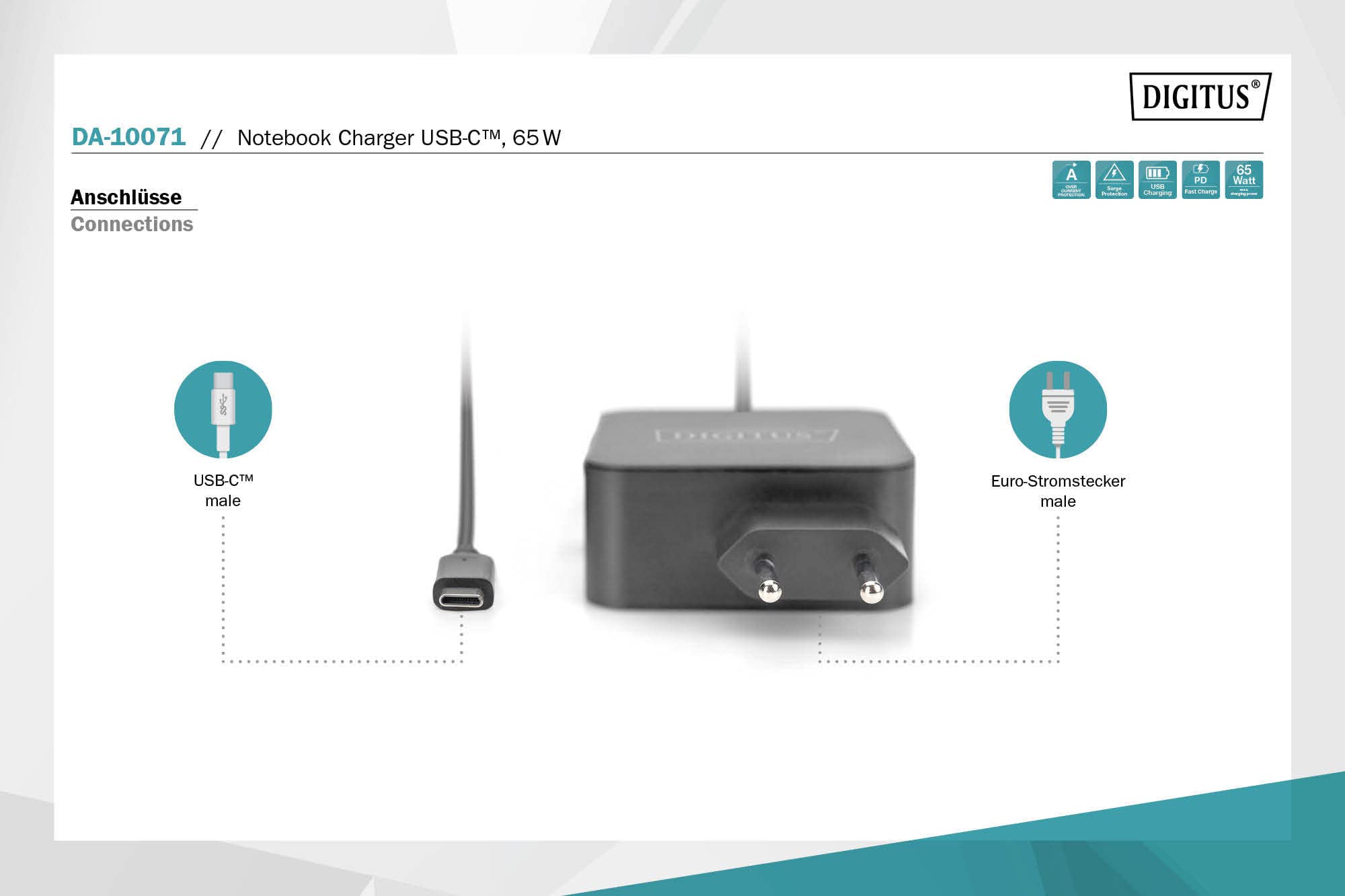 DIGITUS Ładowarka 65 W - Z kablem do ładowania USB-C - Fast Charger Power Delivery (PD 3.0) - Do MacBook Pro/Air, Lenovo, ThinkPad, HP, Dell, ASUS, Acer & Urządzenia mobilne - Czarny