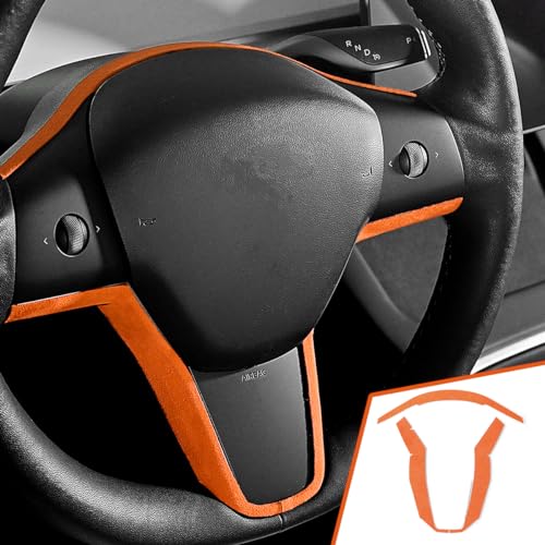 Steering Wheel Frame Sticker Cover Interior Trim Decor Accessories for Tesla Model Y 2020-2023 Model 3 2017-2023 Orange Italian Suede